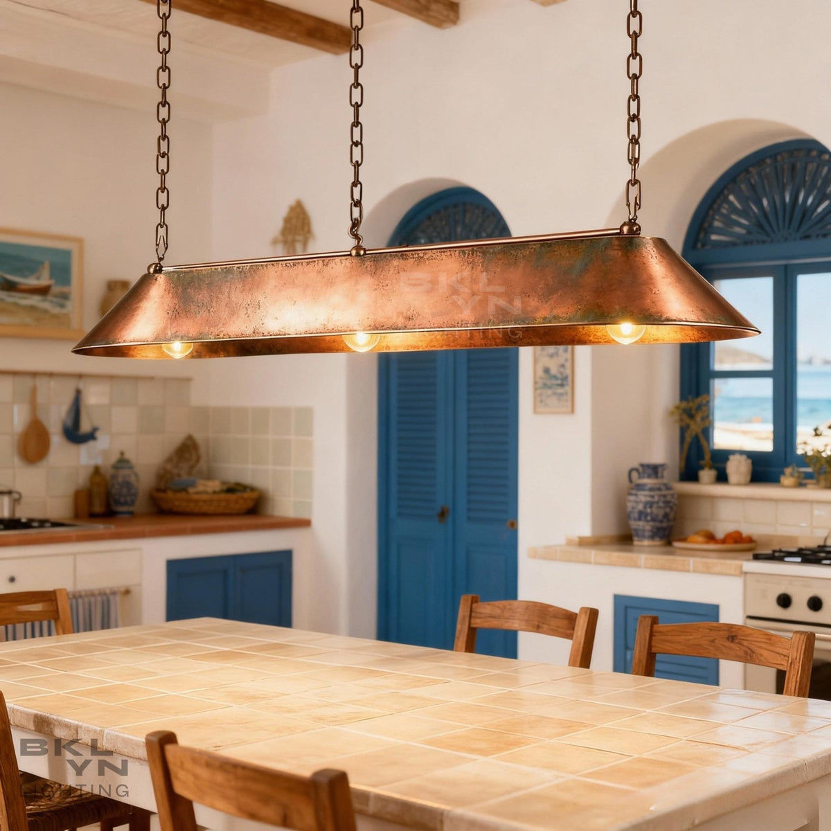 Linear Pendant Light Patinated Copper | Rustic Modern Bar Lighting | Handmade Ceiling Fixture for Kitchen & Dining - BRASSDORIA