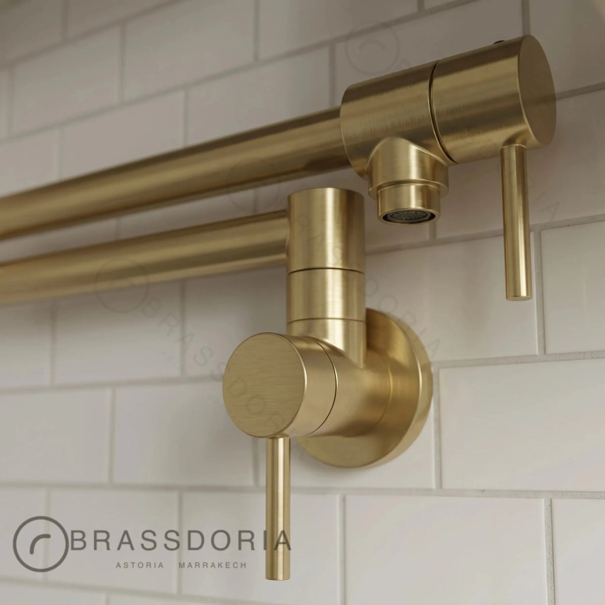 Modern Unlacquered Brass Pot Filler Faucet – Dual Handle Swing Arm Wall Tap - BRASSDORIA