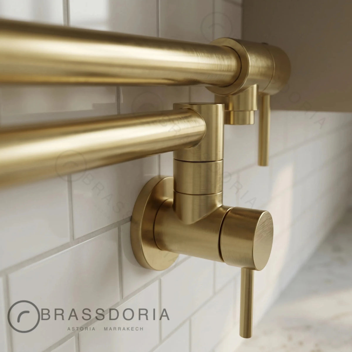Modern Unlacquered Brass Pot Filler Faucet – Dual Handle Swing Arm Wall Tap - BRASSDORIA