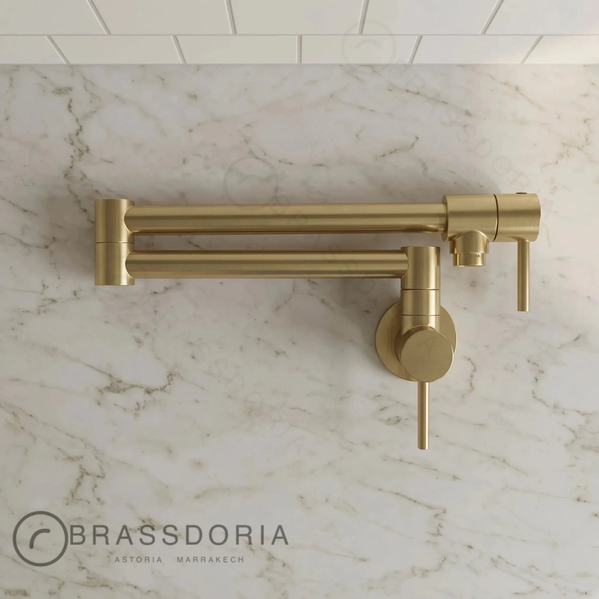 Modern Unlacquered Brass Pot Filler Faucet – Dual Handle Swing Arm Wall Tap - BRASSDORIA