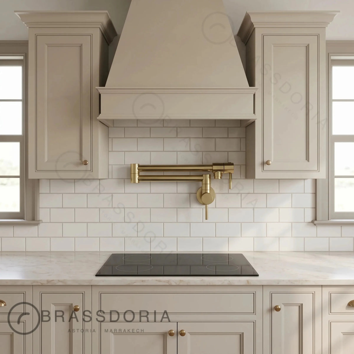 Modern Unlacquered Brass Pot Filler Faucet – Dual Handle Swing Arm Wall Tap - BRASSDORIA