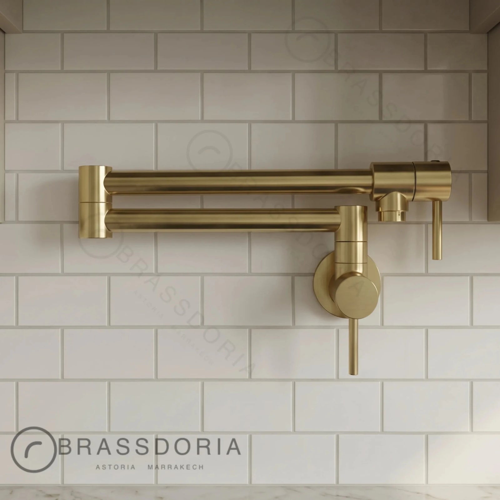 Modern Unlacquered Brass Pot Filler Faucet – Dual Handle Swing Arm Wall Tap - BRASSDORIA