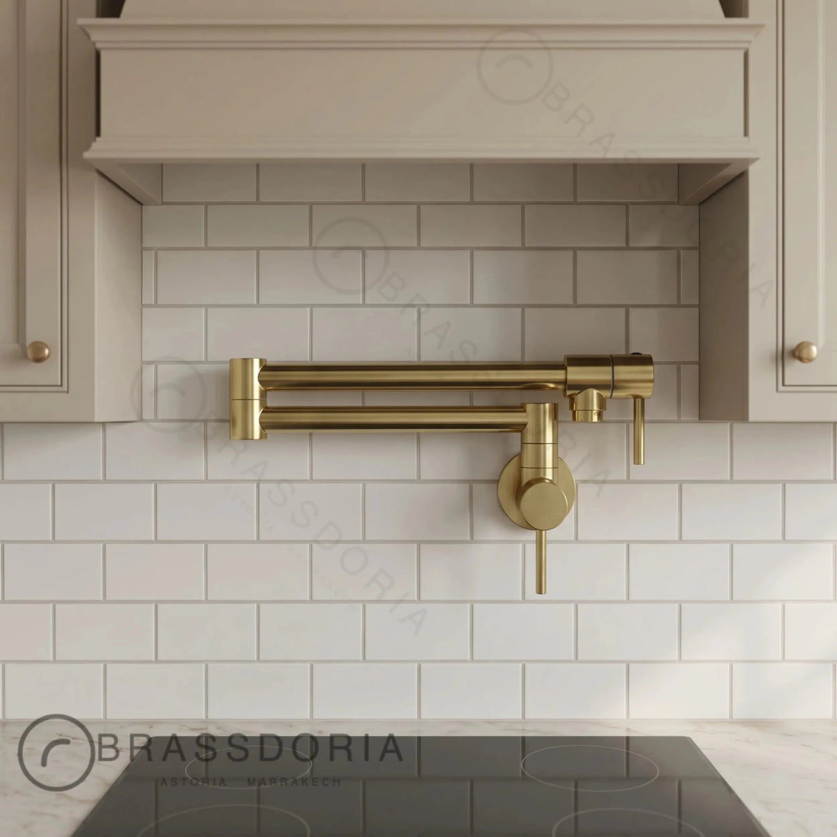 Modern Unlacquered Brass Pot Filler Faucet – Dual Handle Swing Arm Wall Tap - BRASSDORIA