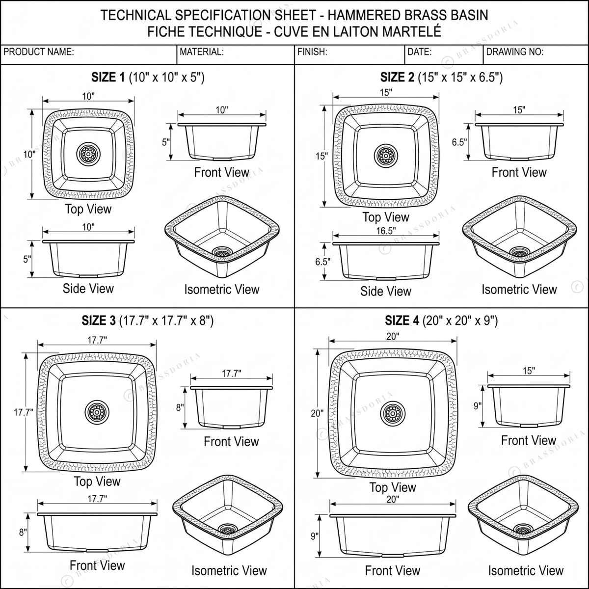 Moroccan Brass Bar Sink – Hammered Square Drop-In Prep Basin - BRASSDORIA
