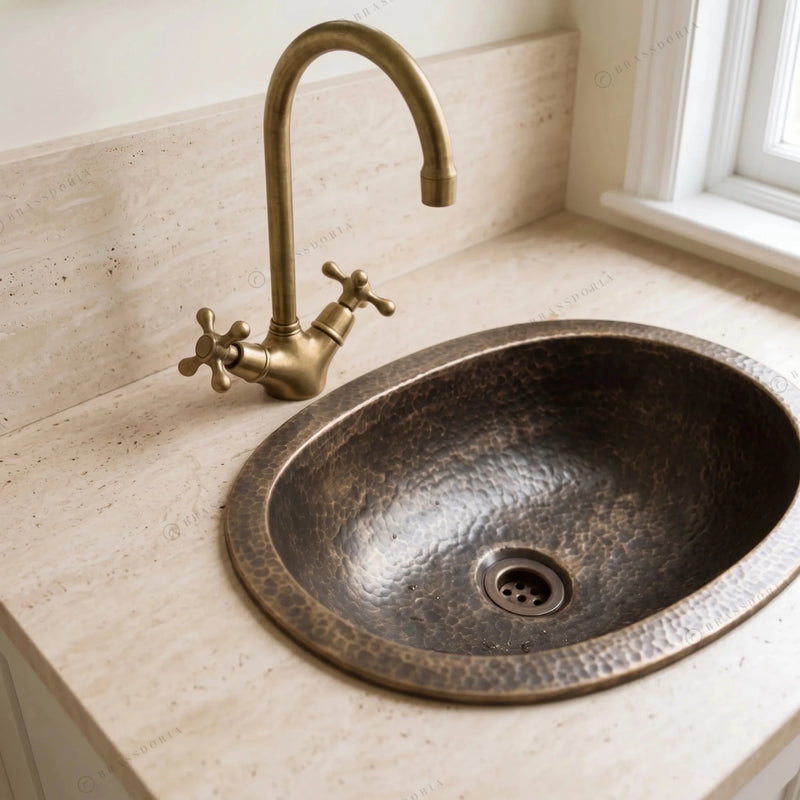 Oil Rubbed Bronze Bathroom Sink – Oval Patina Brass Handcrafted Drop-In Sink - BRASSDORIA
