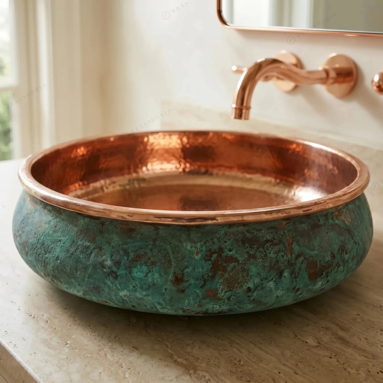 Oxidized Copper Bathroom Sink – Green Patina Handcrafted Wash Basin for Vanity - BRASSDORIA