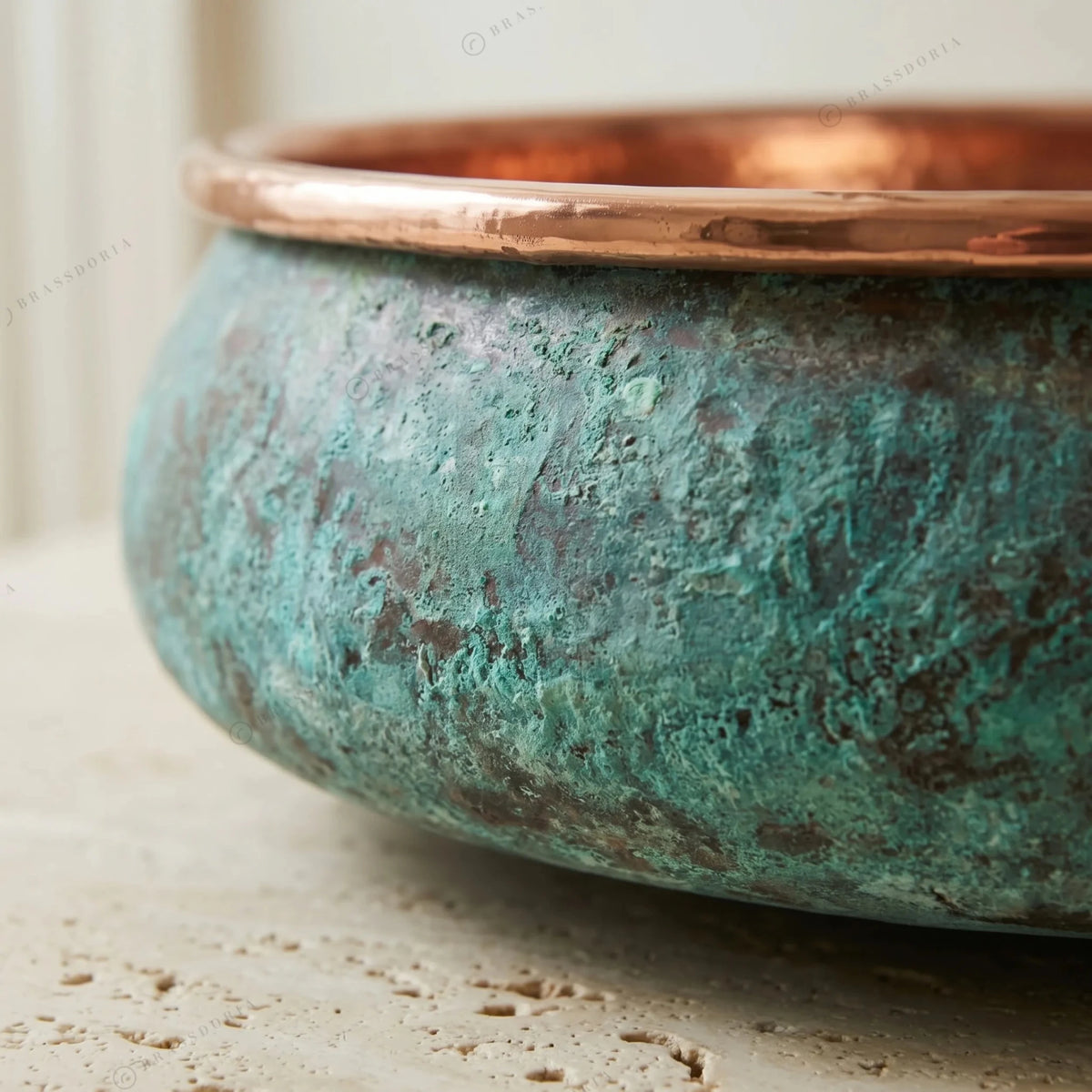 Oxidized Copper Bathroom Sink – Green Patina Handcrafted Wash Basin for Vanity - BRASSDORIA