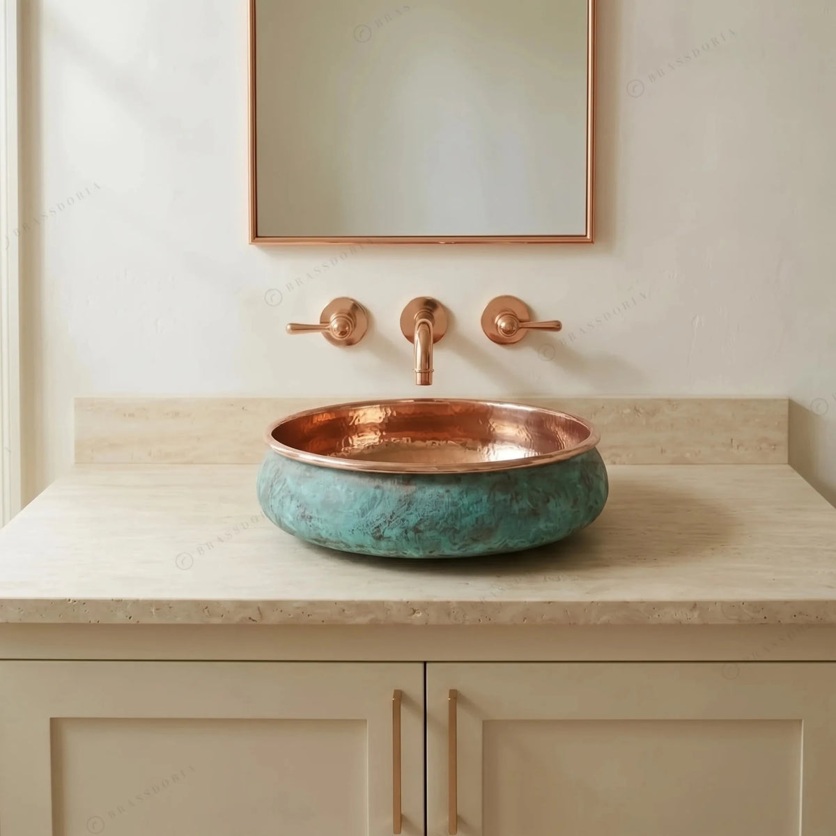 Oxidized Copper Bathroom Sink – Green Patina Handcrafted Wash Basin for Vanity - BRASSDORIA