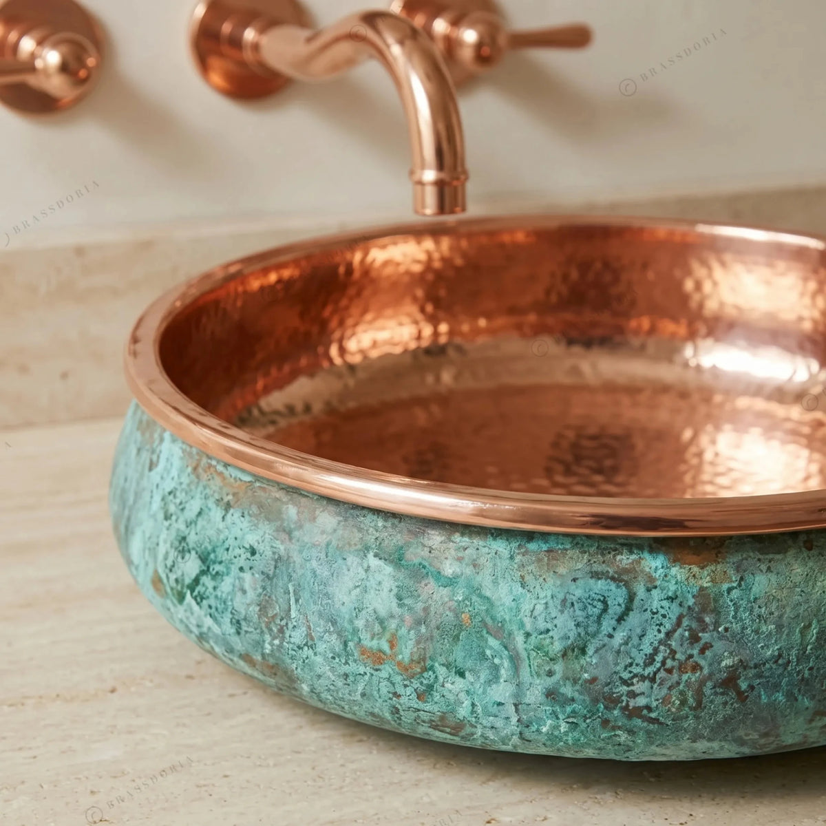 Oxidized Copper Bathroom Sink – Green Patina Handcrafted Wash Basin for Vanity - BRASSDORIA