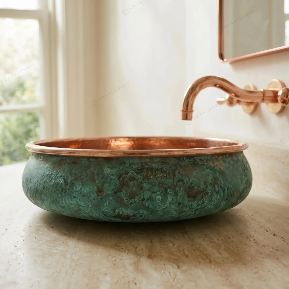 Oxidized Copper Bathroom Sink – Green Patina Handcrafted Wash Basin for Vanity - BRASSDORIA