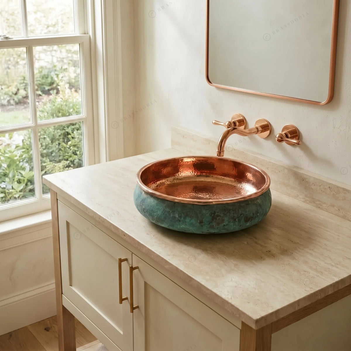 Oxidized Copper Bathroom Sink – Green Patina Handcrafted Wash Basin for Vanity - BRASSDORIA