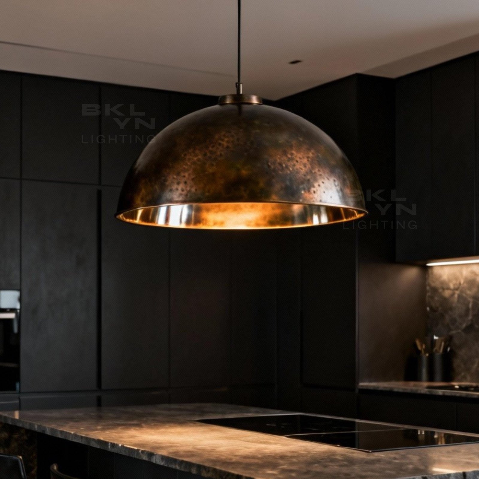Oxidized Copper Dome Pendant Light – Large Industrial Kitchen Island Light - BRASSDORIA