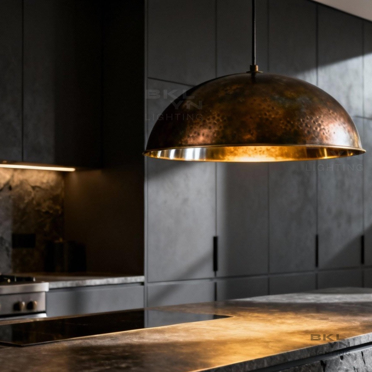 Oxidized Copper Dome Pendant Light – Large Industrial Kitchen Island Light - BRASSDORIA