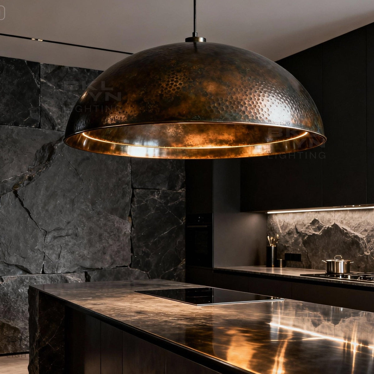 Oxidized Copper Dome Pendant Light – Large Industrial Kitchen Island Light - BRASSDORIA