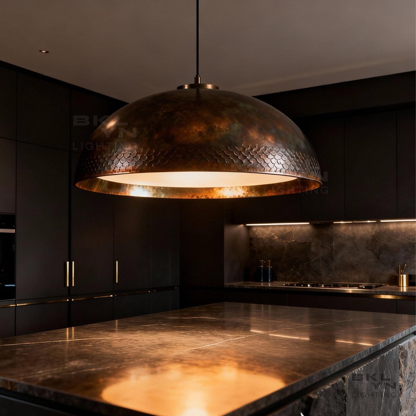Oxidized Copper Dome Pendant Light – Large Industrial Kitchen Island Light - BRASSDORIA