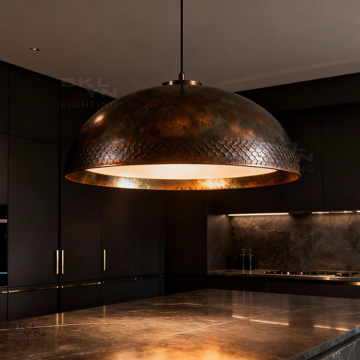Oxidized Copper Dome Pendant Light – Large Industrial Kitchen Island Light - BRASSDORIA