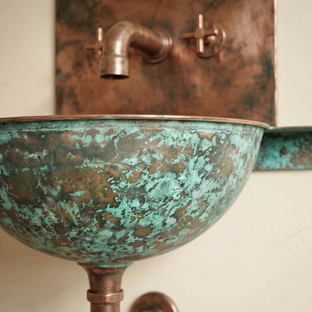 Oxidized Copper Wall Mounted Bathroom Sink – Green Patina Copper Hung Basin with Faucet - BRASSDORIA