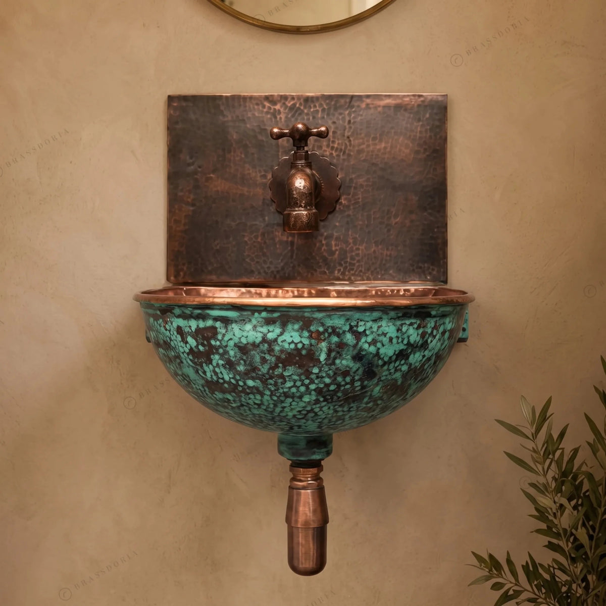 Oxidized Copper Wall Mounted Bathroom Sink – Green Patina Copper Hung Basin with Faucet - BRASSDORIA