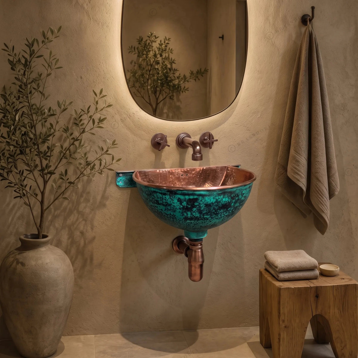 Oxidized Copper Wall Mounted Bathroom Sink – Green Patina Copper Hung Basin with Faucet - BRASSDORIA