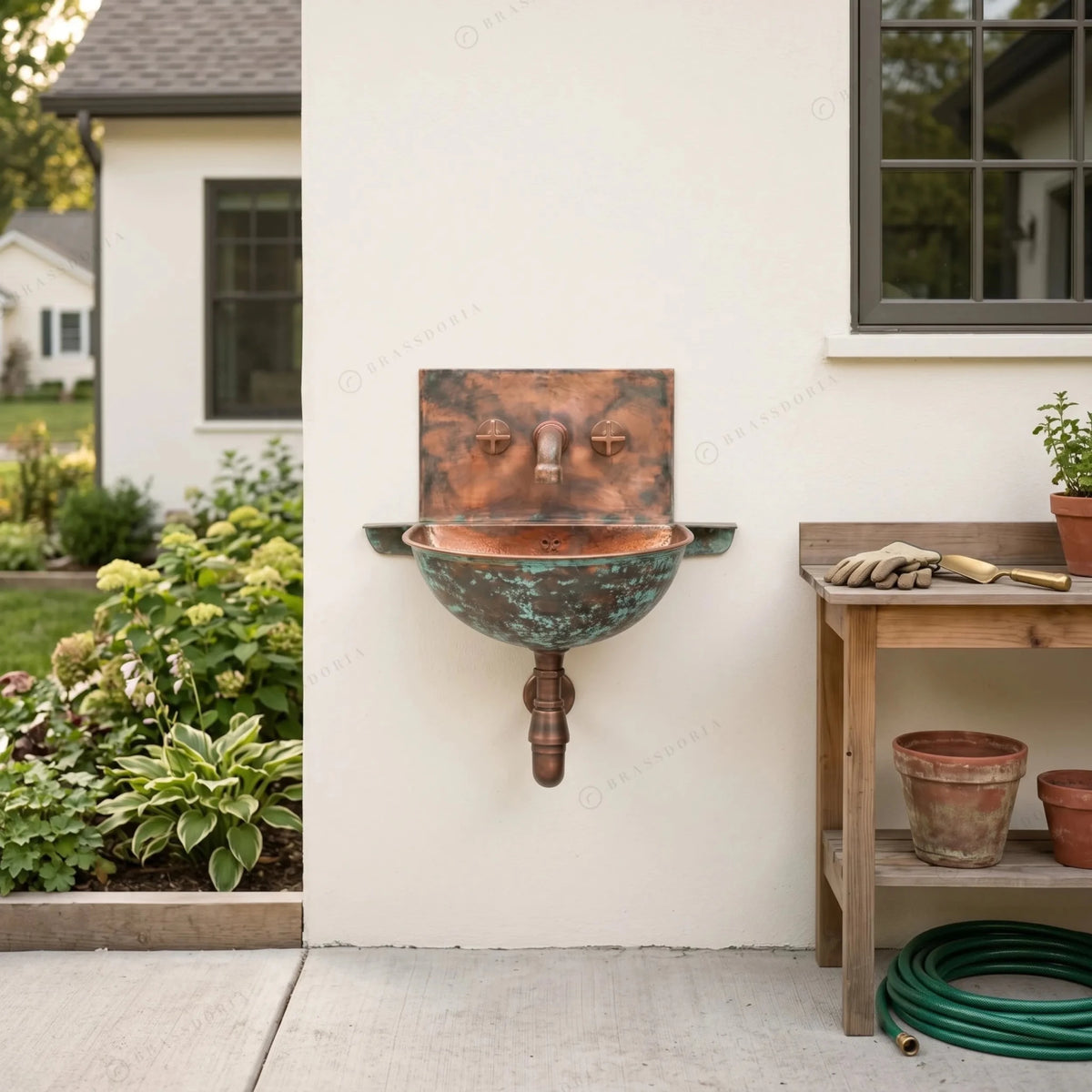 Oxidized Copper Wall Mounted Bathroom Sink – Green Patina Copper Hung Basin with Faucet - BRASSDORIA
