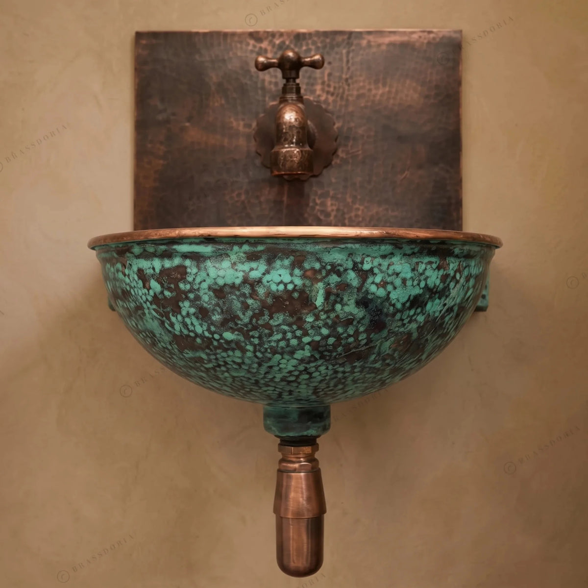 Oxidized Copper Wall Mounted Bathroom Sink – Green Patina Copper Hung Basin with Faucet - BRASSDORIA