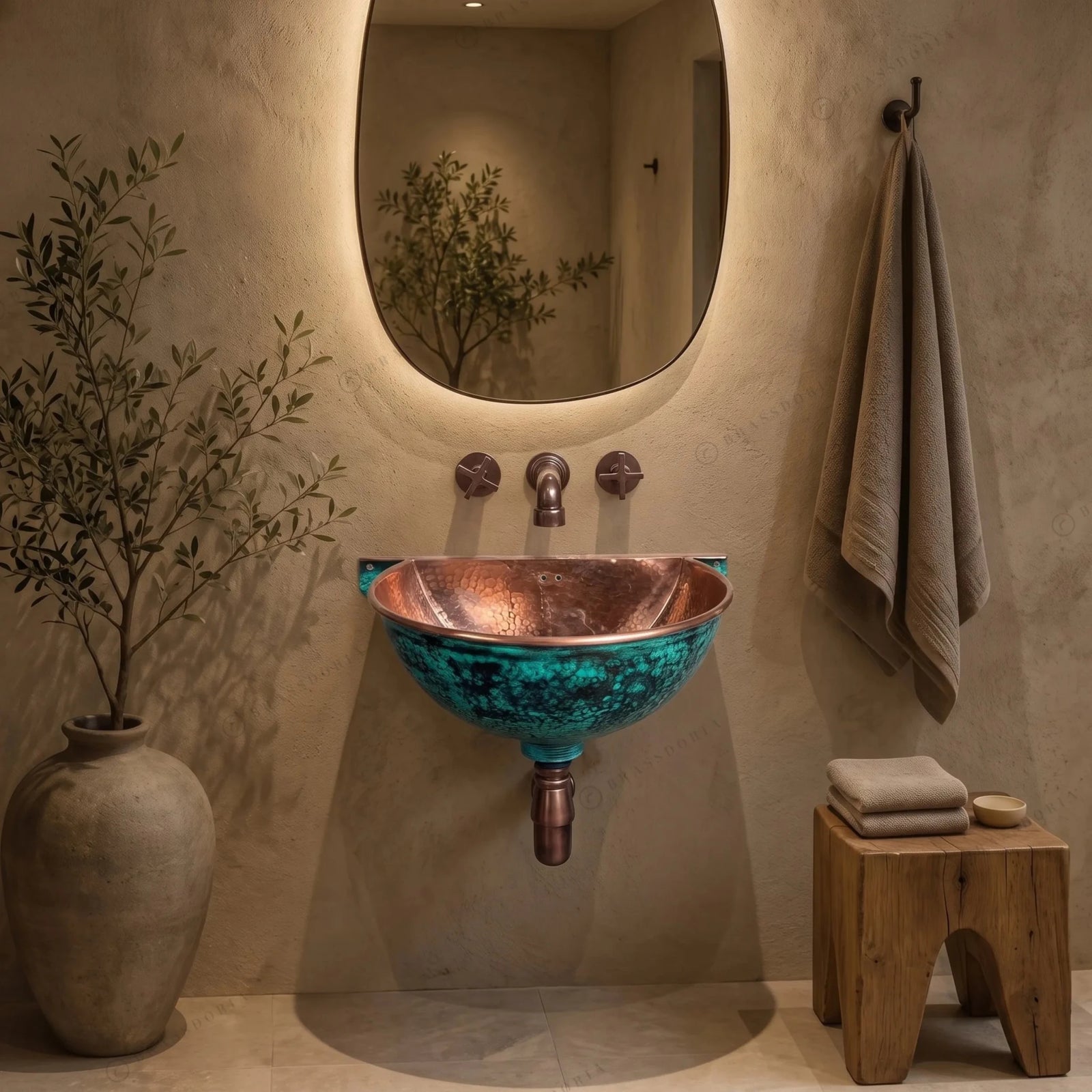 Oxidized Copper Wall Mounted Bathroom Sink – Green Patina Copper Hung Basin with Faucet - BRASSDORIA