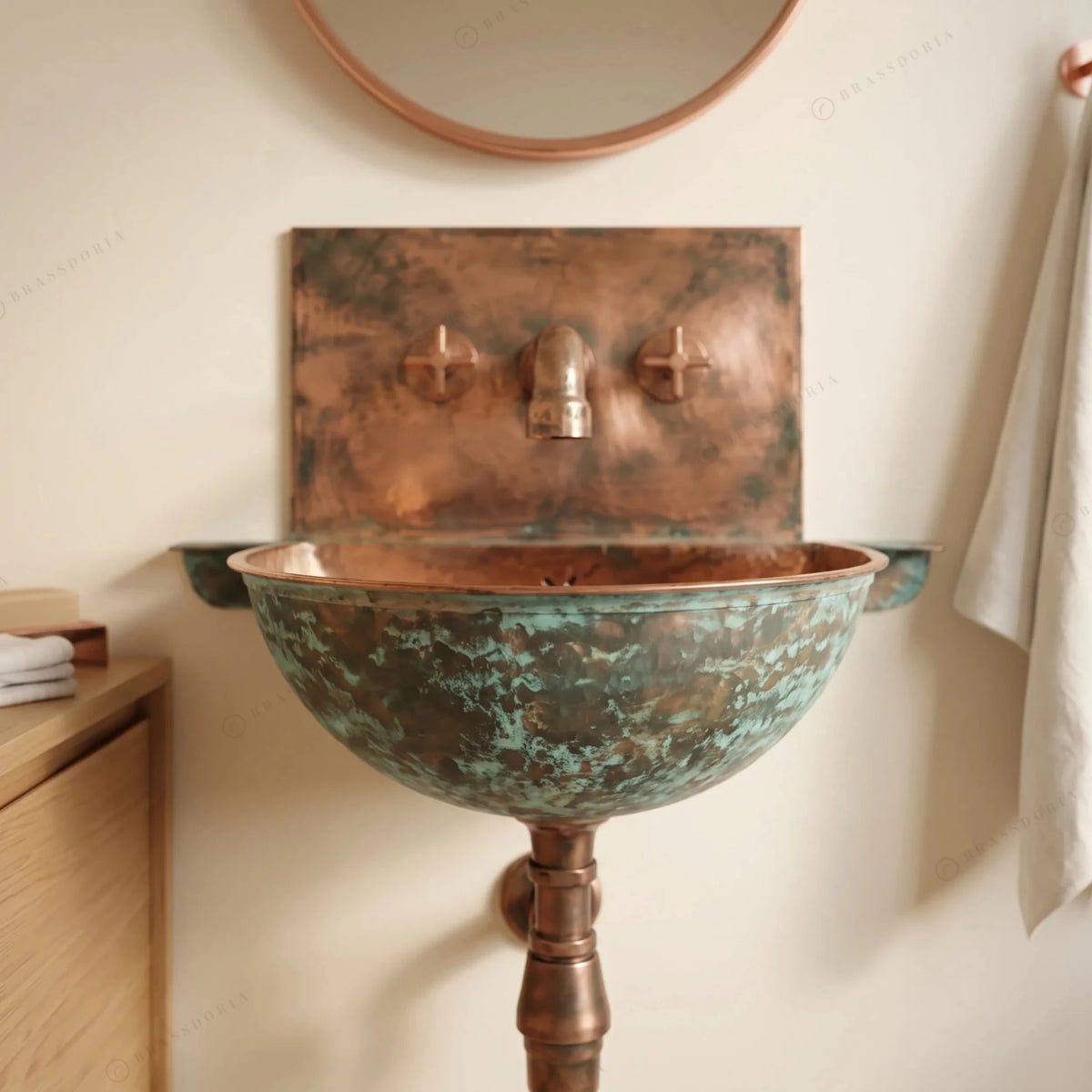 Oxidized Copper Wall Mounted Bathroom Sink – Green Patina Copper Hung Basin with Faucet - BRASSDORIA