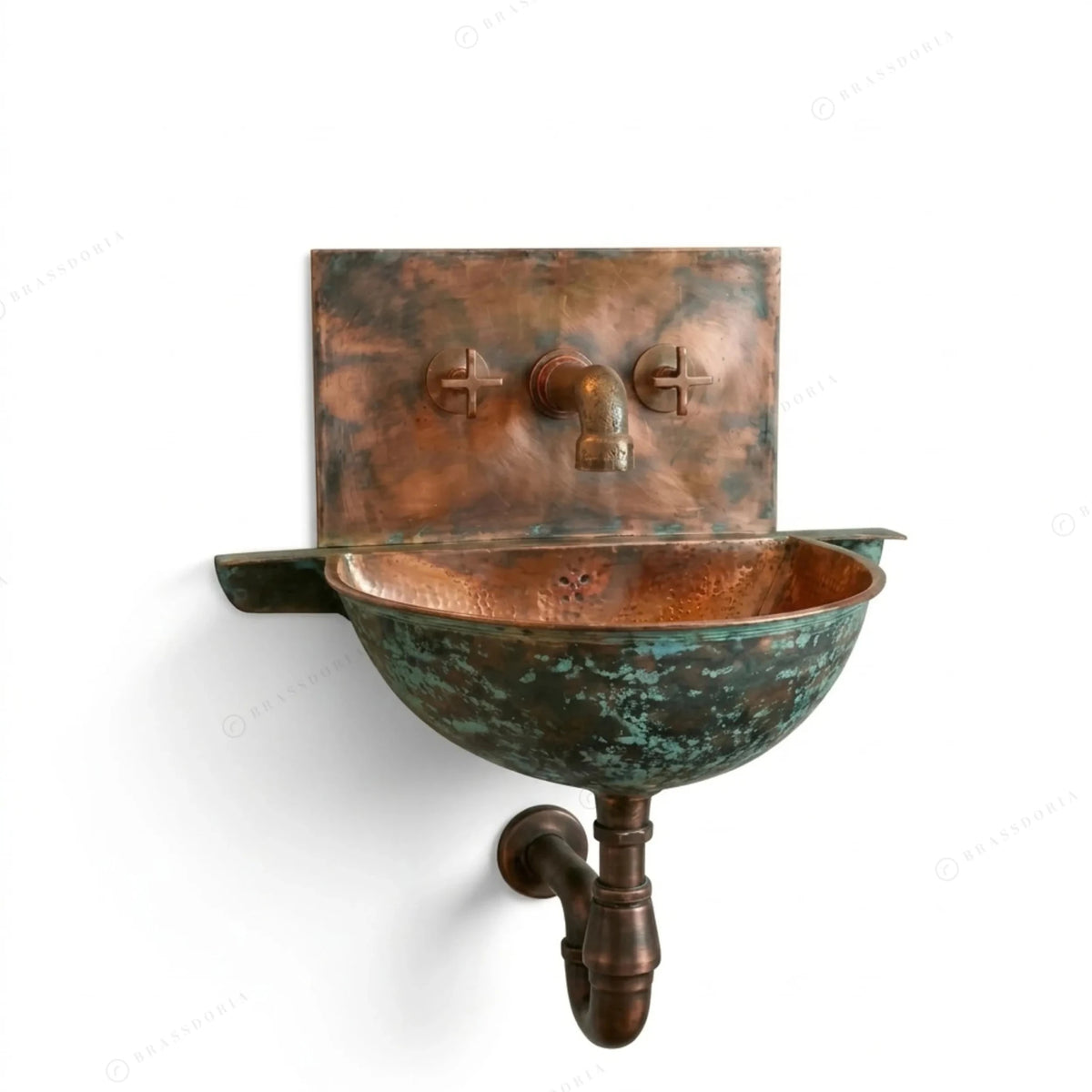 Oxidized Copper Wall Mounted Bathroom Sink – Green Patina Copper Hung Basin with Faucet - BRASSDORIA