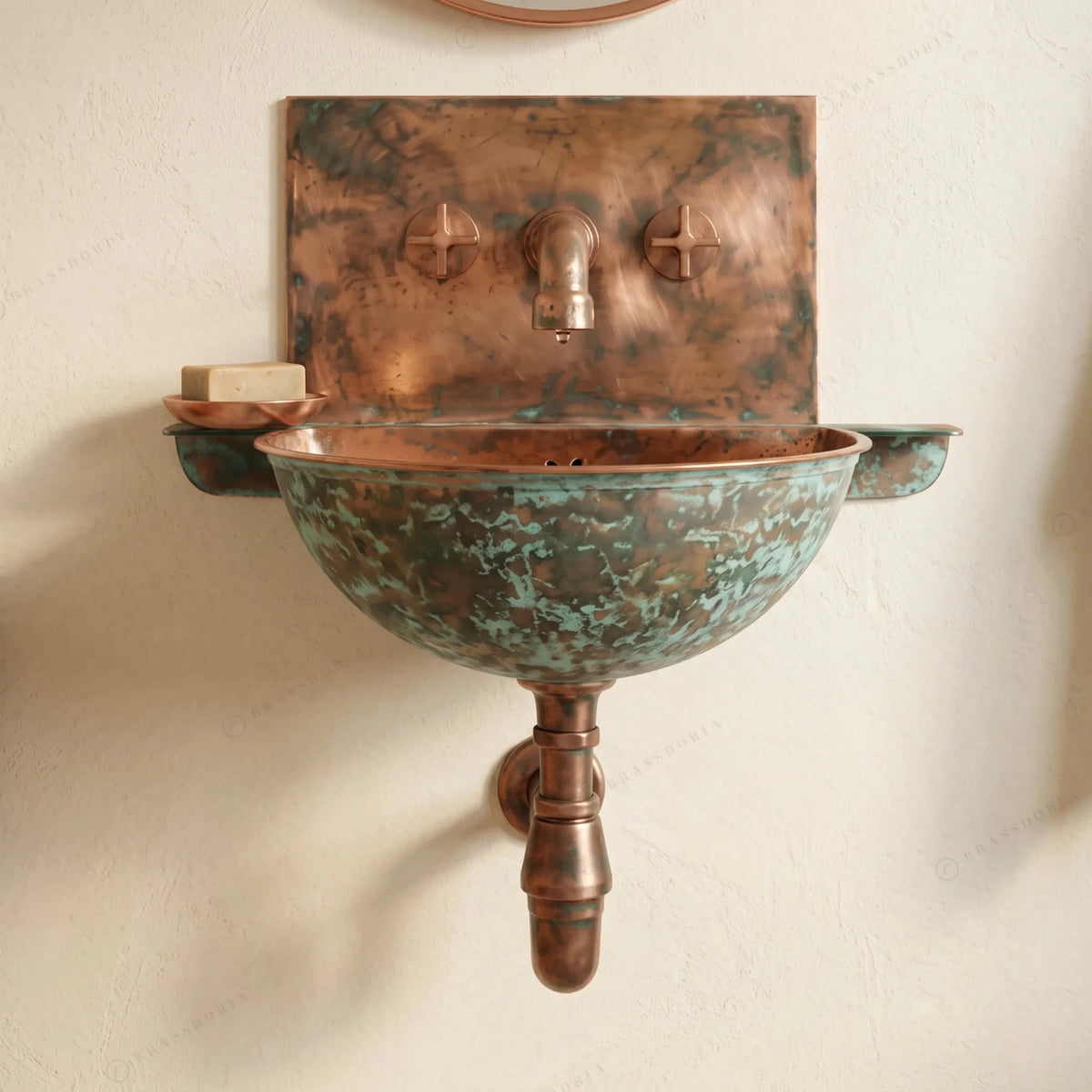 Oxidized Copper Wall Mounted Bathroom Sink – Green Patina Copper Hung Basin with Faucet - BRASSDORIA
