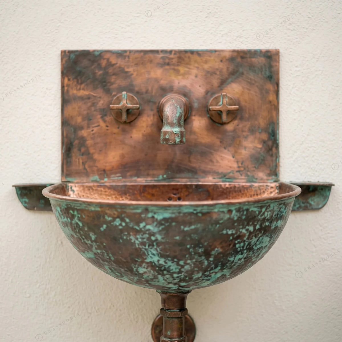 Oxidized Copper Wall Mounted Bathroom Sink – Green Patina Copper Hung Basin with Faucet - BRASSDORIA