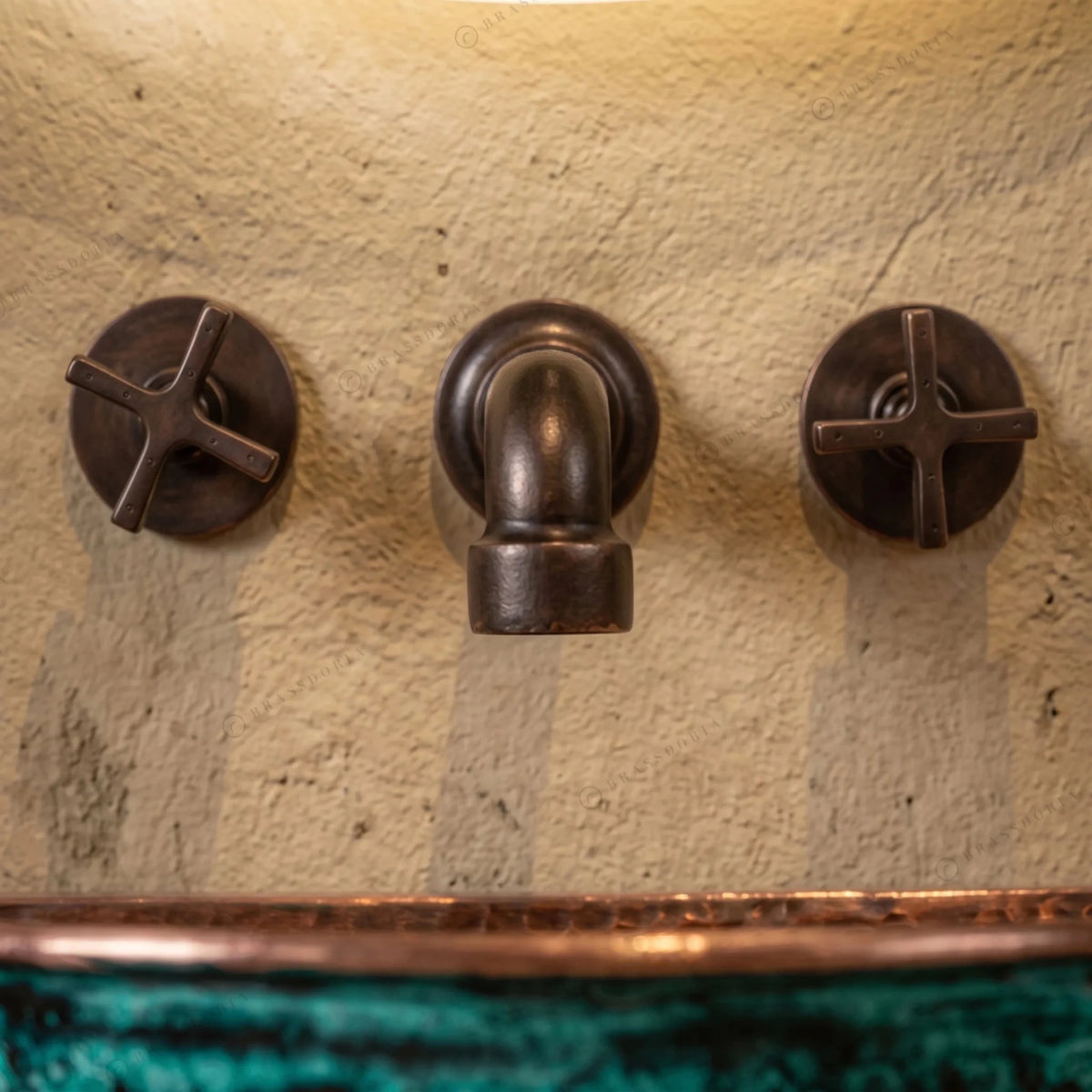 Oxidized Copper Wall Mounted Bathroom Sink – Green Patina Copper Hung Basin with Faucet - BRASSDORIA