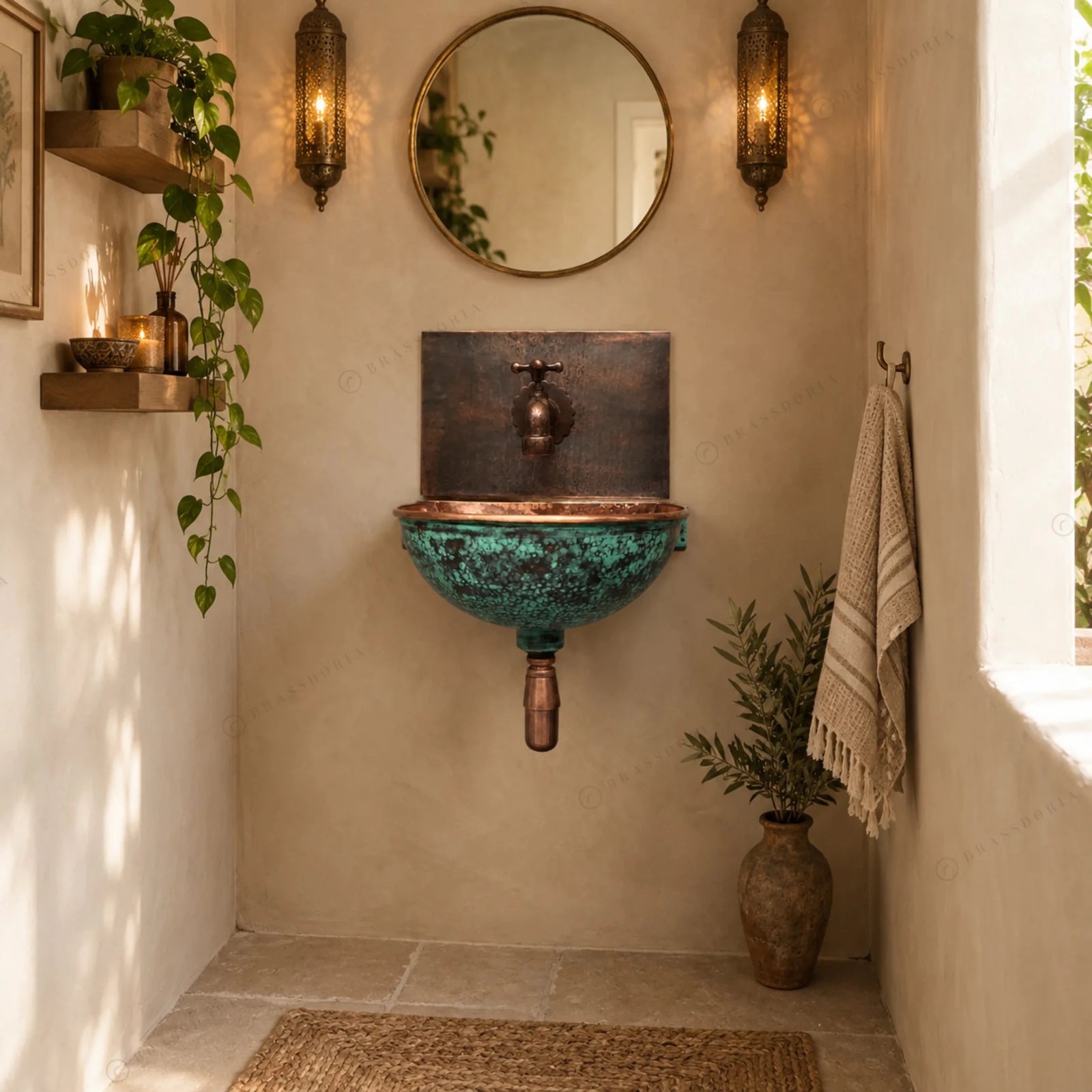 Oxidized Copper Wall Mounted Bathroom Sink – Green Patina Copper Hung Basin with Faucet - BRASSDORIA