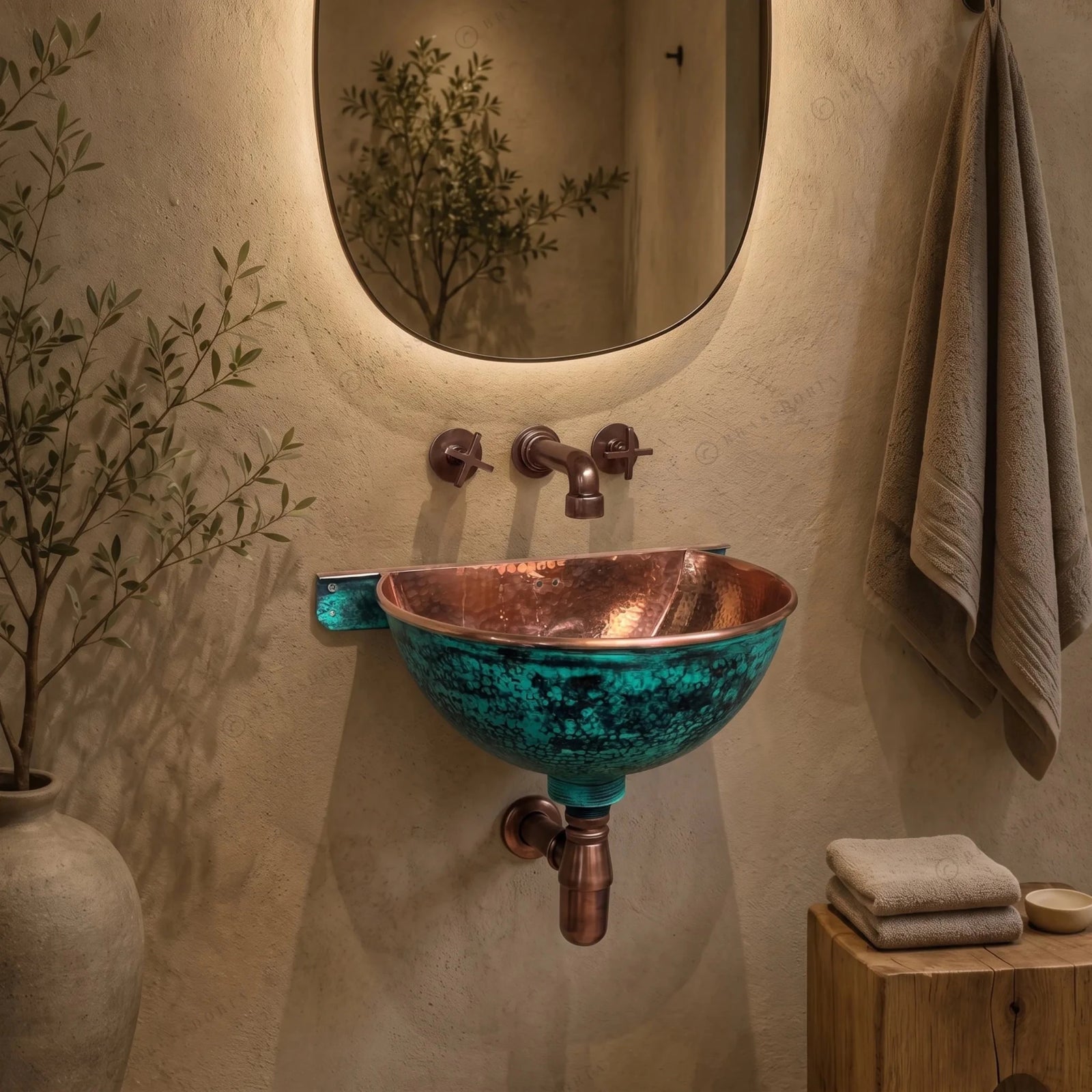 Oxidized Copper Wall Mounted Bathroom Sink – Green Patina Copper Hung Basin with Faucet - BRASSDORIA
