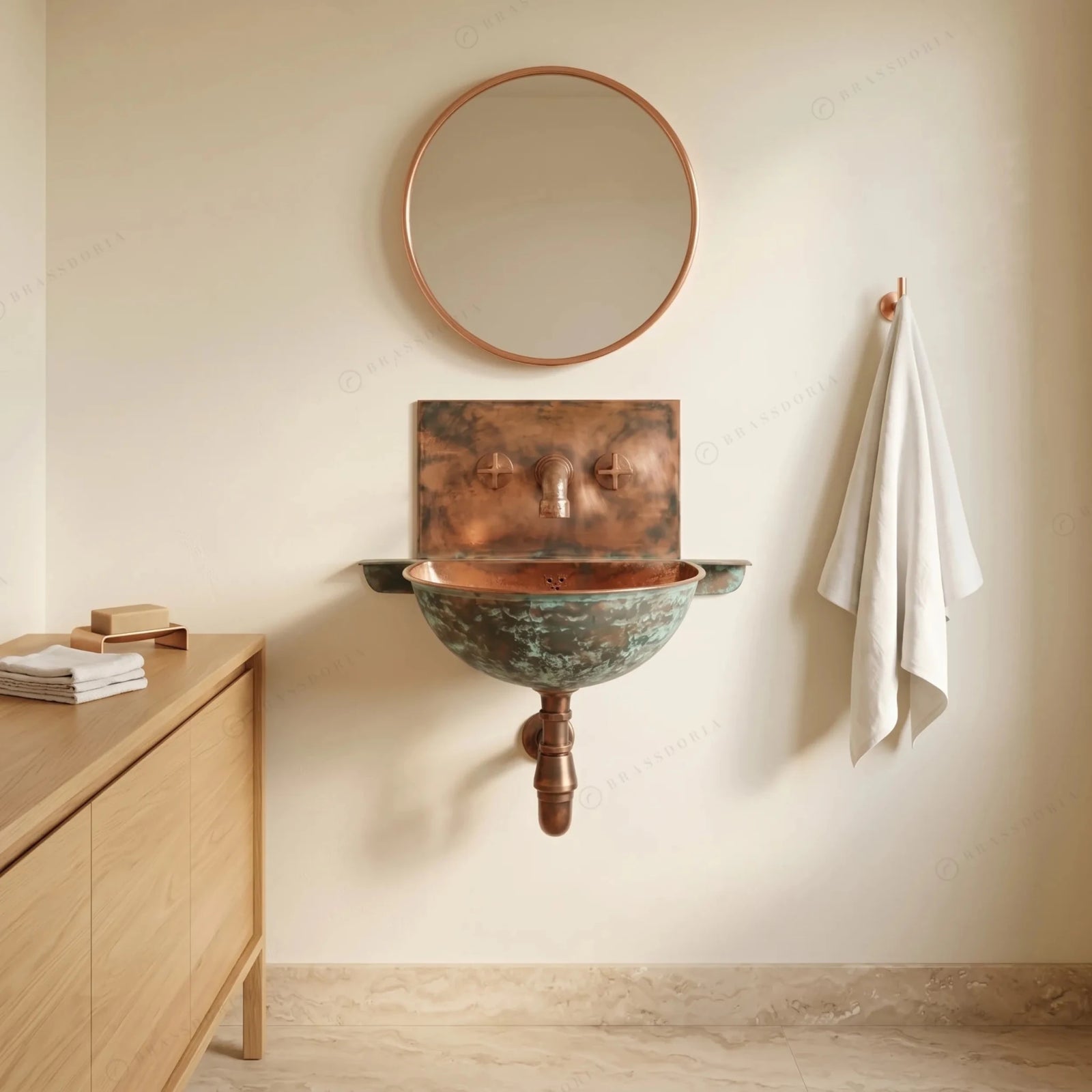 Oxidized Copper Wall Mounted Bathroom Sink – Green Patina Copper Hung Basin with Faucet - BRASSDORIA