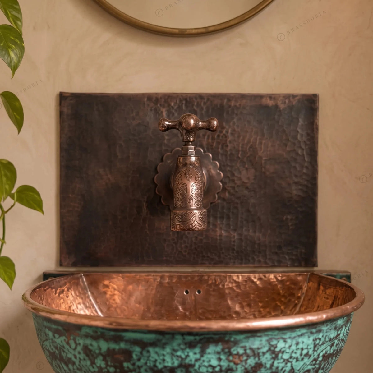 Oxidized Copper Wall Mounted Bathroom Sink – Green Patina Copper Hung Basin with Faucet - BRASSDORIA