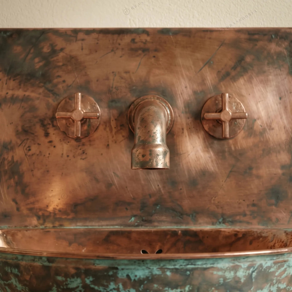 Oxidized Copper Wall Mounted Bathroom Sink – Green Patina Copper Hung Basin with Faucet - BRASSDORIA
