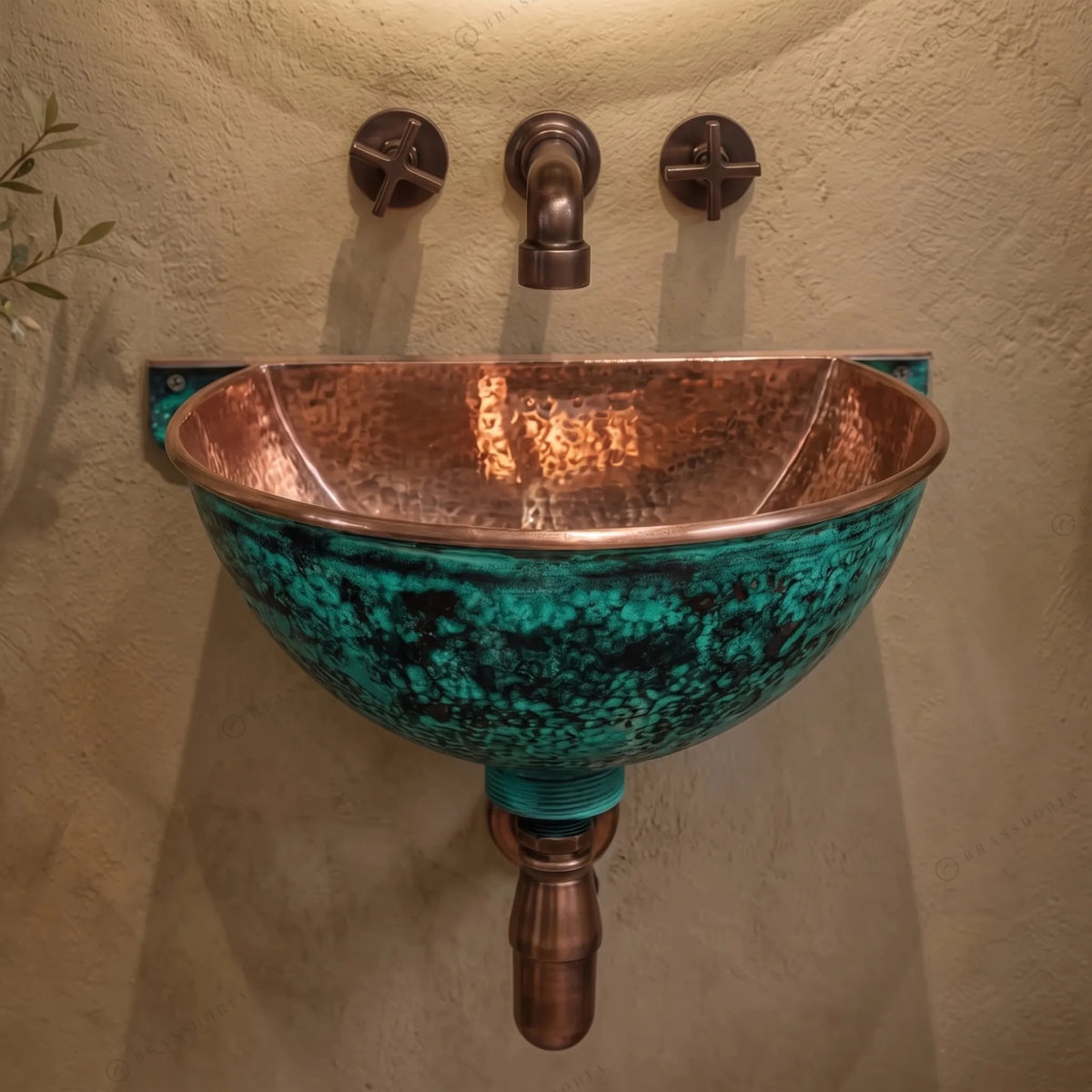 Oxidized Copper Wall Mounted Bathroom Sink – Green Patina Copper Hung Basin with Faucet - BRASSDORIA