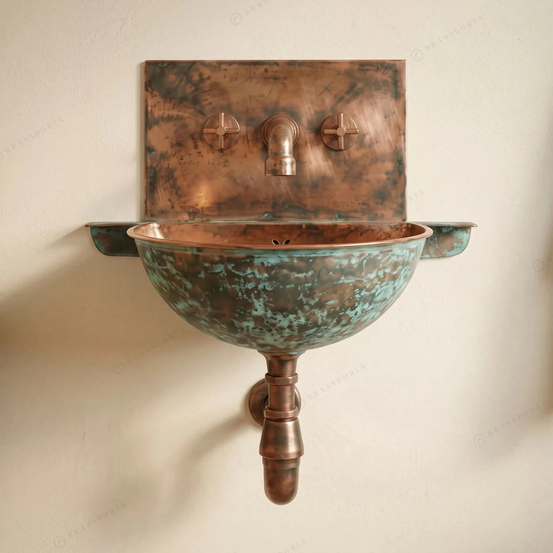 Oxidized Copper Wall Mounted Bathroom Sink – Green Patina Copper Hung Basin with Faucet - BRASSDORIA