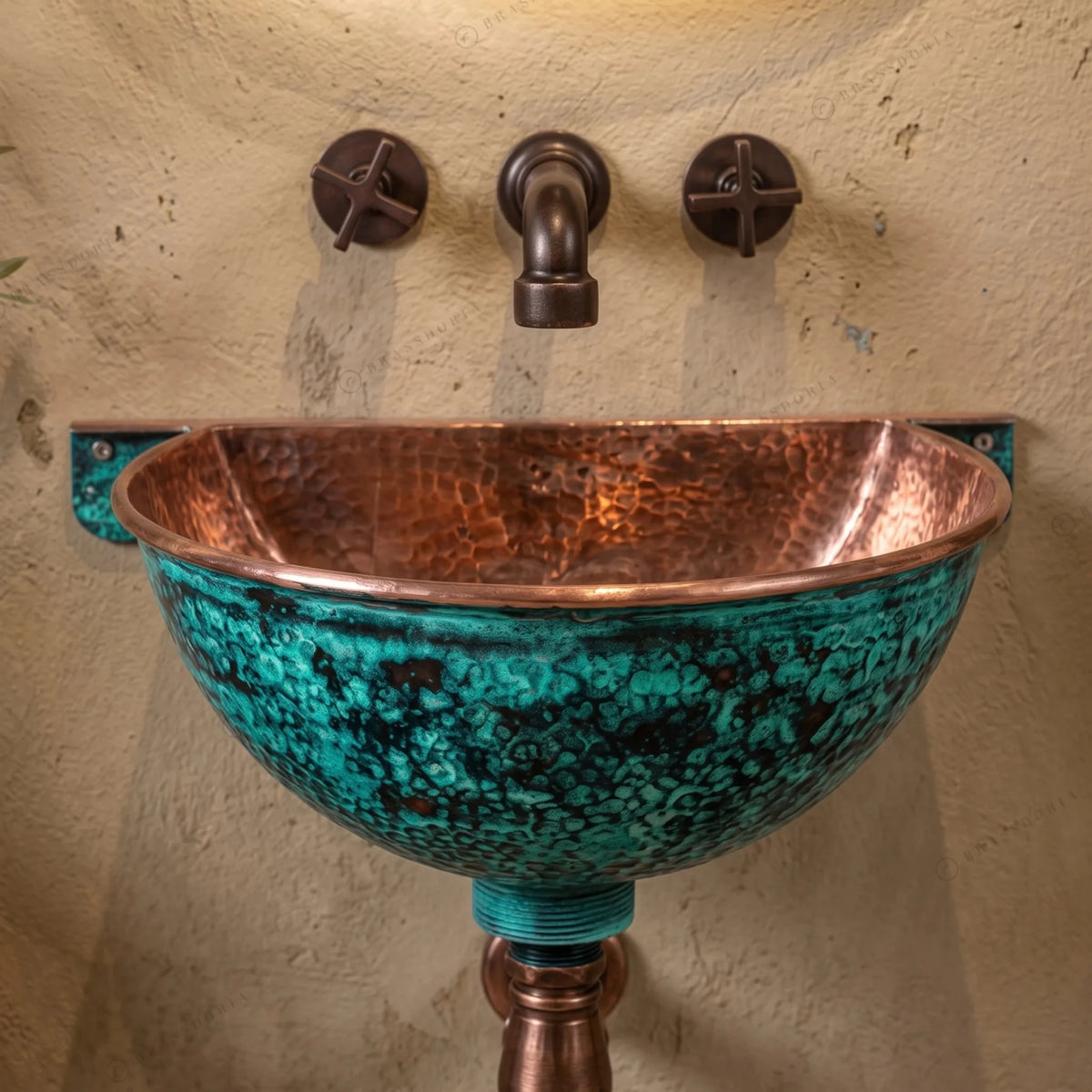 Oxidized Copper Wall Mounted Bathroom Sink – Green Patina Copper Hung Basin with Faucet - BRASSDORIA