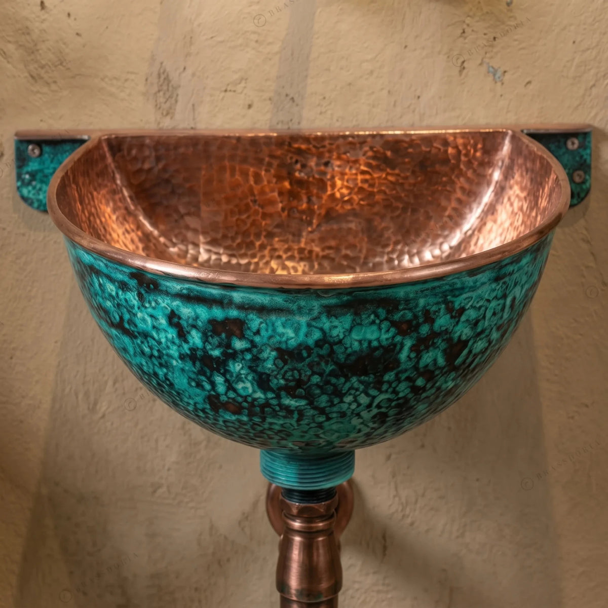 Oxidized Copper Wall Mounted Bathroom Sink – Green Patina Copper Hung Basin with Faucet - BRASSDORIA