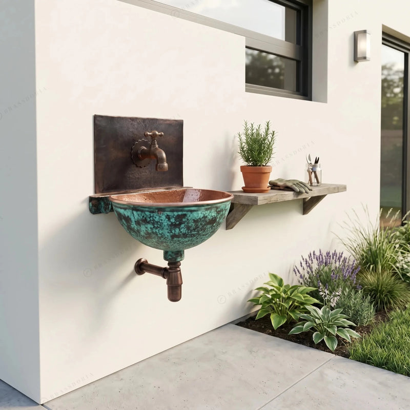 Oxidized Copper Wall Mounted Bathroom Sink – Green Patina Copper Hung Basin with Faucet - BRASSDORIA