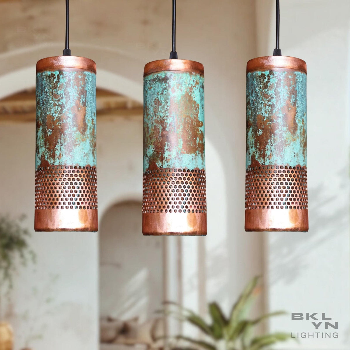 Personalized 10 standard + 6 Large Green Patina Copper Pendant Light Handmade Moroccan cylindrical Copper Hanging Lamp - BRASSDORIA