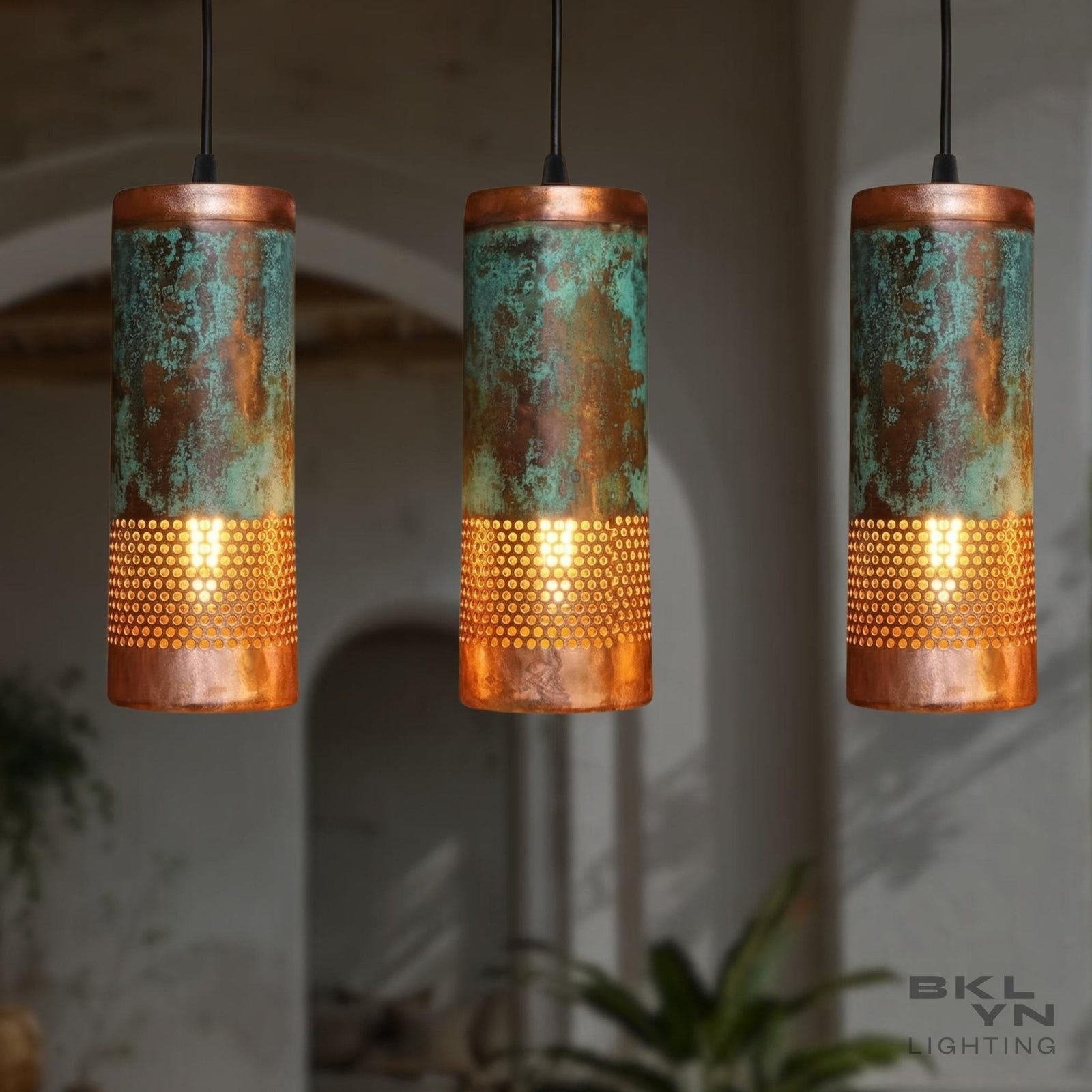 Personalized 10 standard + 6 Large Green Patina Copper Pendant Light Handmade Moroccan cylindrical Copper Hanging Lamp - BRASSDORIA