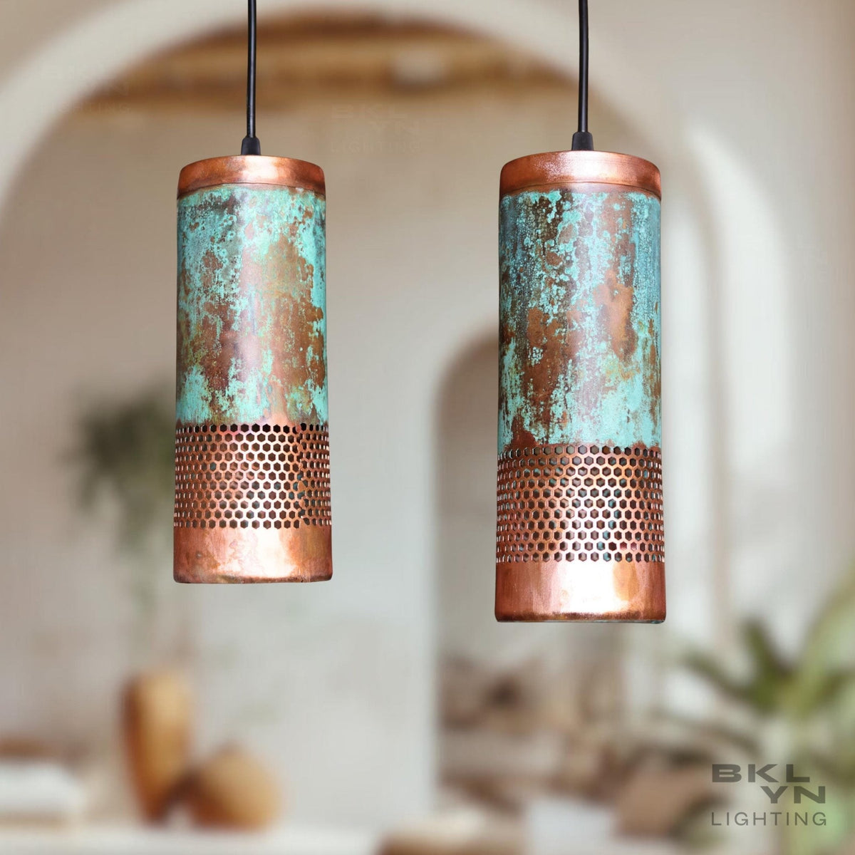 Personalized 10 standard + 6 Large Green Patina Copper Pendant Light Handmade Moroccan cylindrical Copper Hanging Lamp - BRASSDORIA