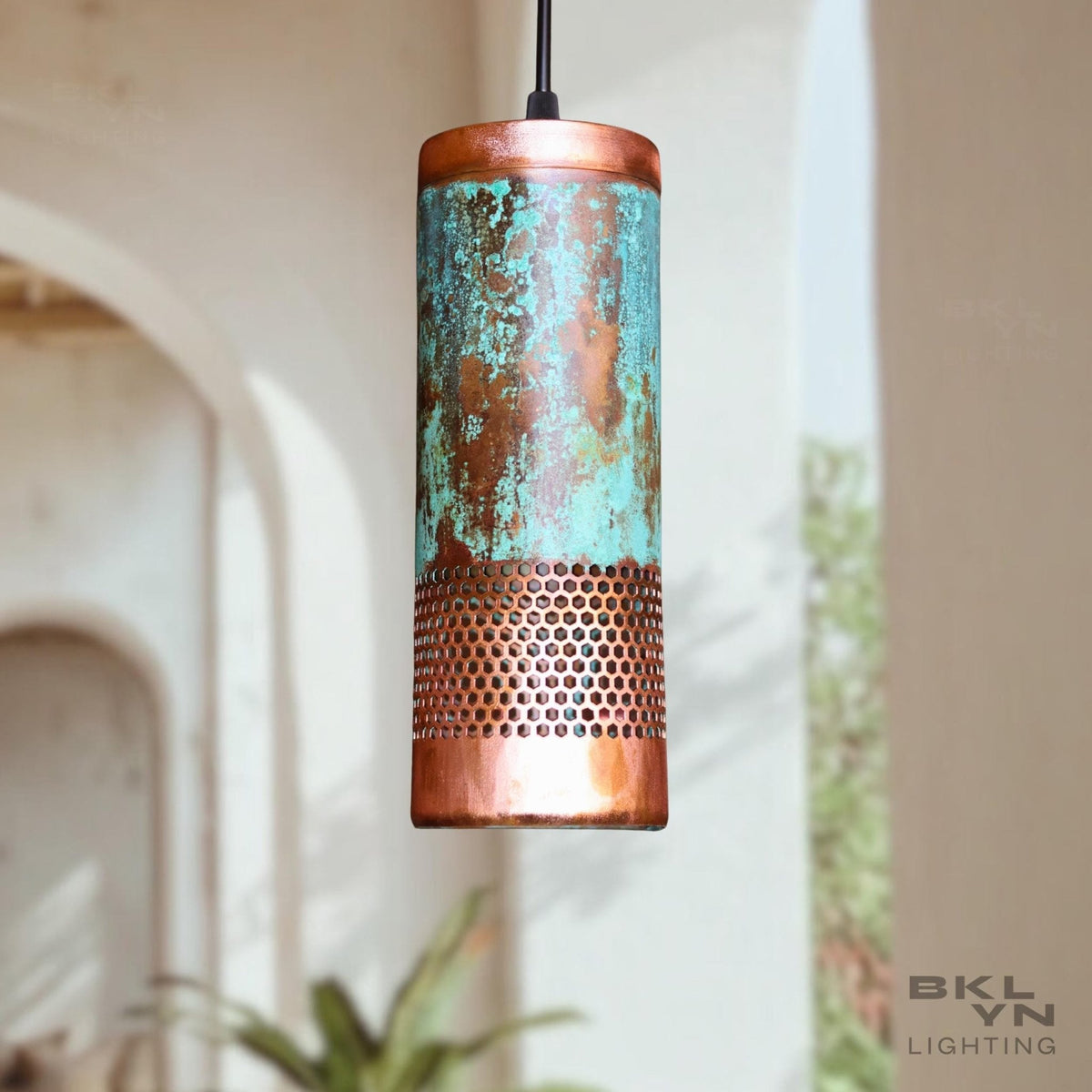 Personalized 10 standard + 6 Large Green Patina Copper Pendant Light Handmade Moroccan cylindrical Copper Hanging Lamp - BRASSDORIA