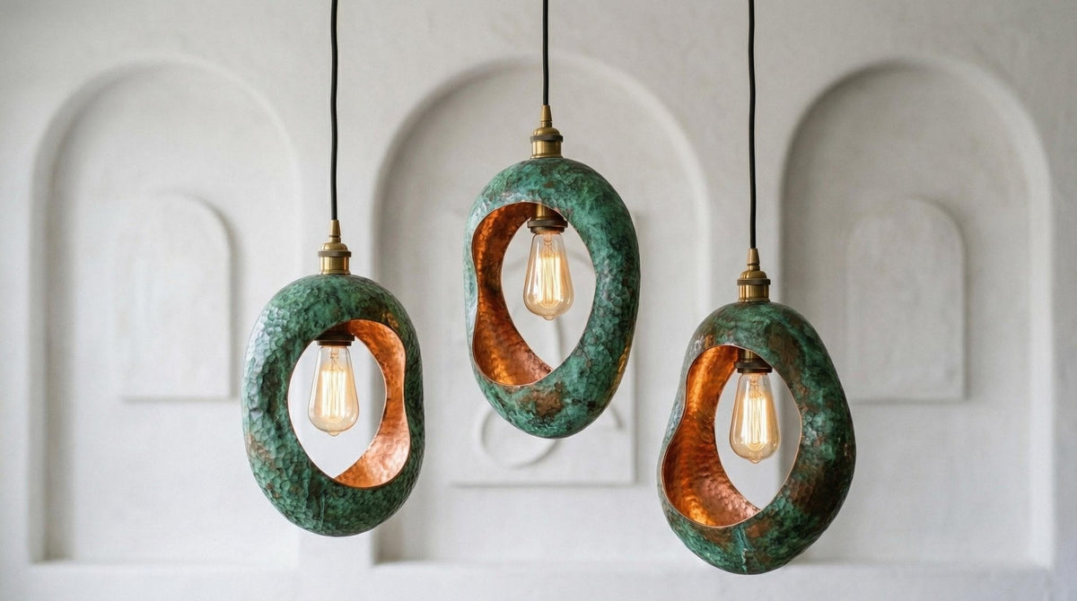 Personalized 5 Set of 3 Green Patina Copper Pendant Lights – Handmade in Morocco | Industrial Cylindrical Kitchen Island, Rustic Farmhouse - BRASSDORIA