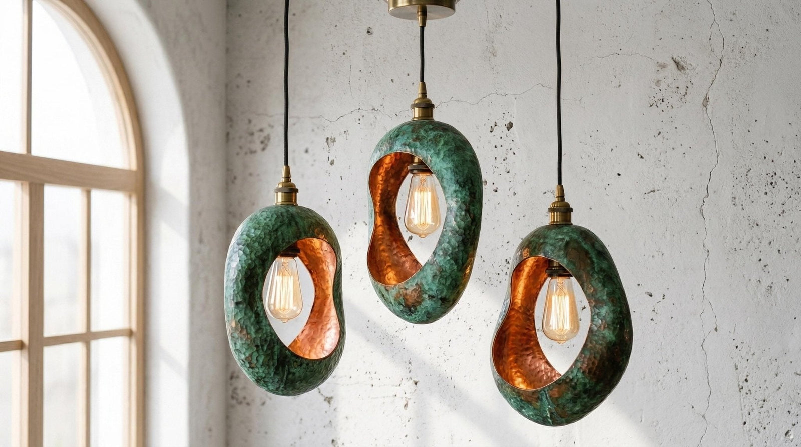 Personalized 5 Set of 3 Green Patina Copper Pendant Lights – Handmade in Morocco | Industrial Cylindrical Kitchen Island, Rustic Farmhouse - BRASSDORIA