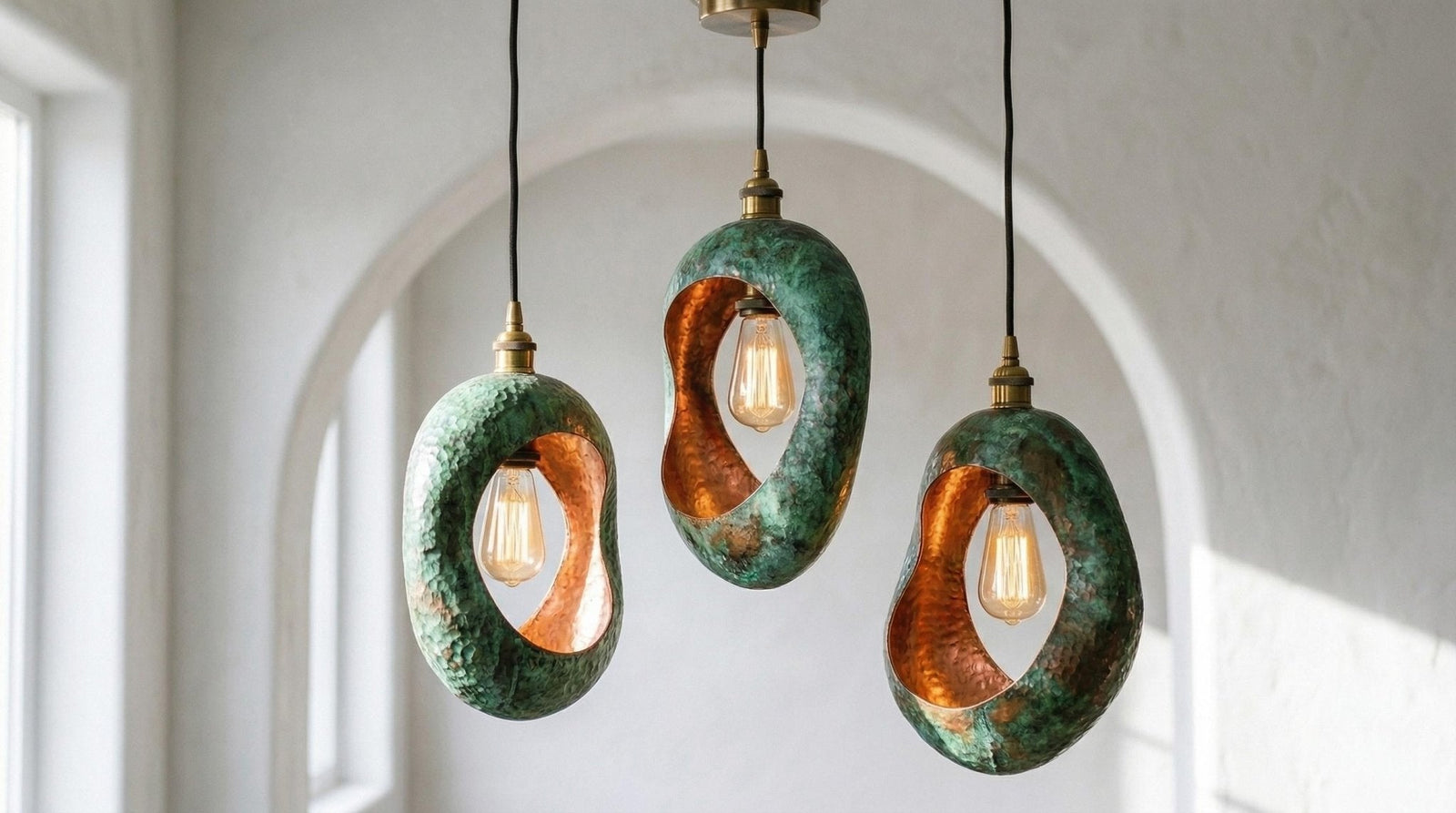 Personalized 5 Set of 3 Green Patina Copper Pendant Lights – Handmade in Morocco | Industrial Cylindrical Kitchen Island, Rustic Farmhouse - BRASSDORIA