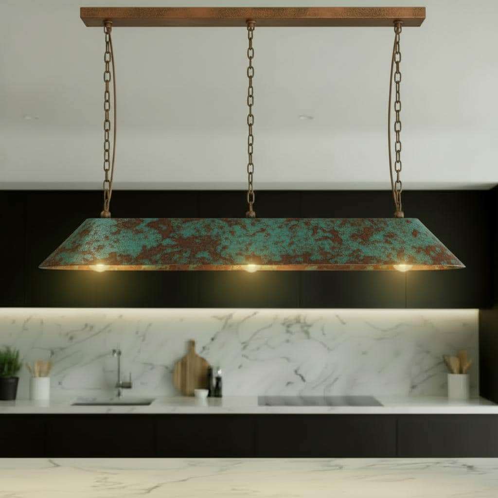 Personalized Linear Pendant Light Patinated Copper | Rustic Modern Bar Lighting | Handmade Ceiling Fixture for Kitchen + Canopy - BRASSDORIA