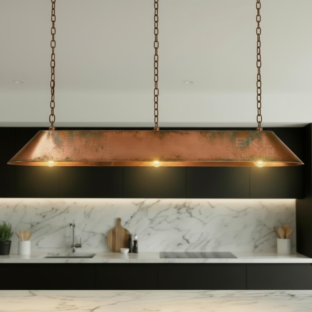 Personalized Linear Pendant Light Patinated Copper | Rustic Modern Bar Lighting | Handmade Ceiling Fixture for Kitchen + Canopy - BRASSDORIA
